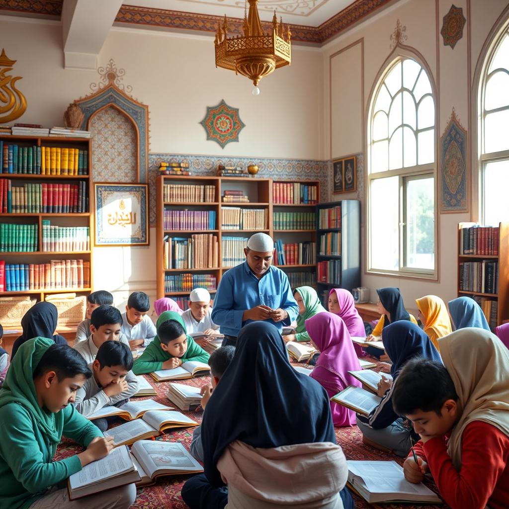 A vibrant and lively classroom setting in a madrasa, showcasing students engaged in various activities such as reading, writing, and discussion