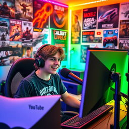 A young YouTuber sitting in front of his computer in a colorful room, showcasing various gaming gear and merchandise