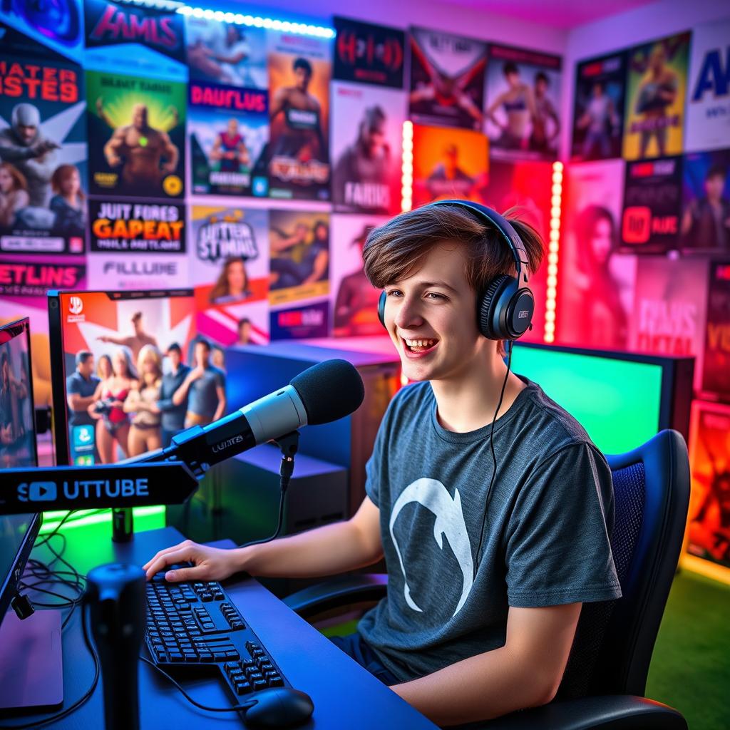 A young YouTuber sitting in front of his computer in a colorful room, showcasing various gaming gear and merchandise