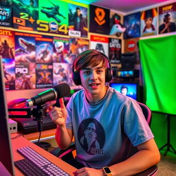 A young YouTuber sitting in front of his computer in a colorful room, showcasing various gaming gear and merchandise