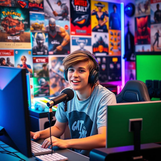 A young YouTuber sitting in front of his computer in a colorful room, showcasing various gaming gear and merchandise