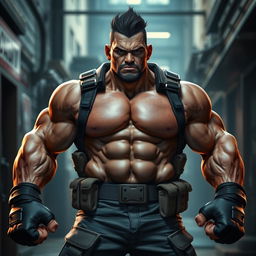 A powerful brawler character, embodying strength and resilience, with a calm demeanor