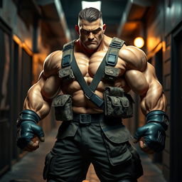 A powerful brawler character, embodying strength and resilience, with a calm demeanor