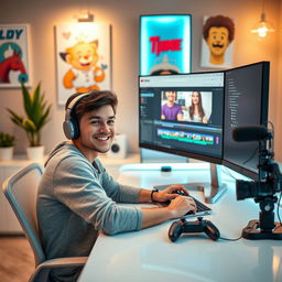 A young male YouTuber sitting at a modern desk in a tastefully decorated room, with a large computer screen showing video editing software