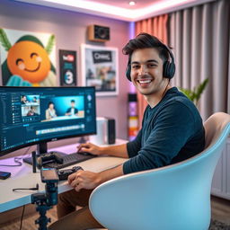 A young male YouTuber sitting at a modern desk in a tastefully decorated room, with a large computer screen showing video editing software