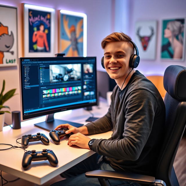 A young male YouTuber sitting at a modern desk in a tastefully decorated room, with a large computer screen showing video editing software