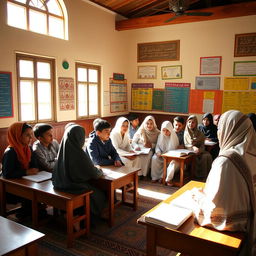 A serene and vibrant classroom scene in a traditional madrasa, featuring students of diverse backgrounds attentively engaged in learning