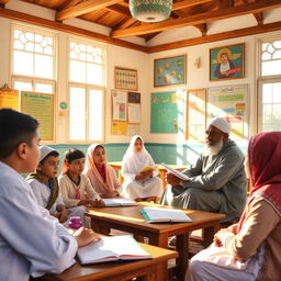 A serene and vibrant classroom scene in a traditional madrasa, featuring students of diverse backgrounds attentively engaged in learning