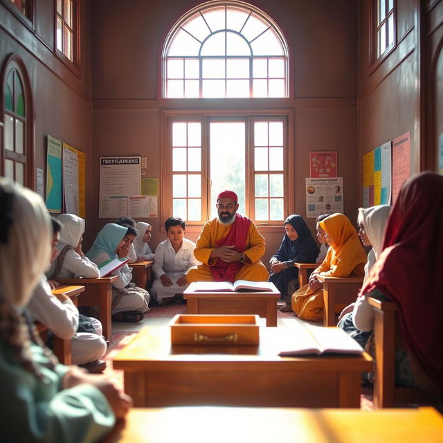 A serene and vibrant classroom scene in a traditional madrasa, featuring students of diverse backgrounds attentively engaged in learning