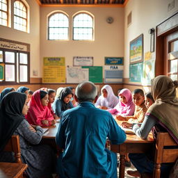 A serene and vibrant classroom scene in a traditional madrasa, featuring students of diverse backgrounds attentively engaged in learning