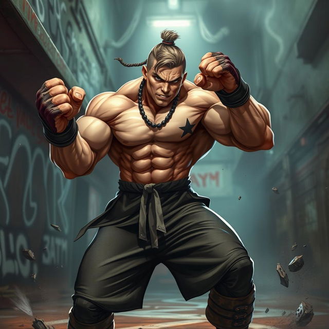 A dynamic and powerful brawler character, showcasing a successful fighter with a strong physique, clad in athletic gear