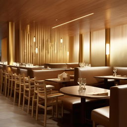 A modern restaurant with an elegant setting, featuring sleek wooden tables accentuated with subtle golden details, and a stylish, welcoming ambiance.