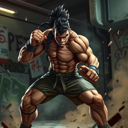 A dynamic and powerful brawler character, showcasing a successful fighter with a strong physique, clad in athletic gear