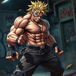 A dynamic and powerful brawler character, showcasing a successful fighter with a strong physique, clad in athletic gear