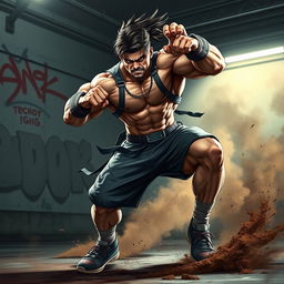 A dynamic and powerful brawler character, showcasing a successful fighter with a strong physique, clad in athletic gear