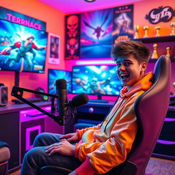 A dynamic YouTuber, a teenage boy with short spiky hair and a vibrant hoodie, sitting in a stylish gaming chair in a colorful, high-tech bedroom