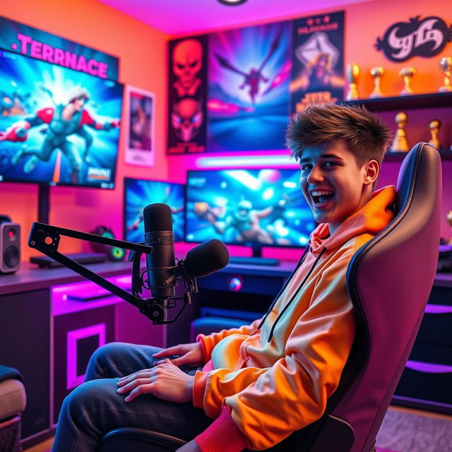 A dynamic YouTuber, a teenage boy with short spiky hair and a vibrant hoodie, sitting in a stylish gaming chair in a colorful, high-tech bedroom