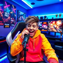 A dynamic YouTuber, a teenage boy with short spiky hair and a vibrant hoodie, sitting in a stylish gaming chair in a colorful, high-tech bedroom