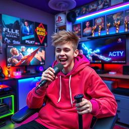 A dynamic YouTuber, a teenage boy with short spiky hair and a vibrant hoodie, sitting in a stylish gaming chair in a colorful, high-tech bedroom