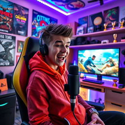 A dynamic YouTuber, a teenage boy with short spiky hair and a vibrant hoodie, sitting in a stylish gaming chair in a colorful, high-tech bedroom