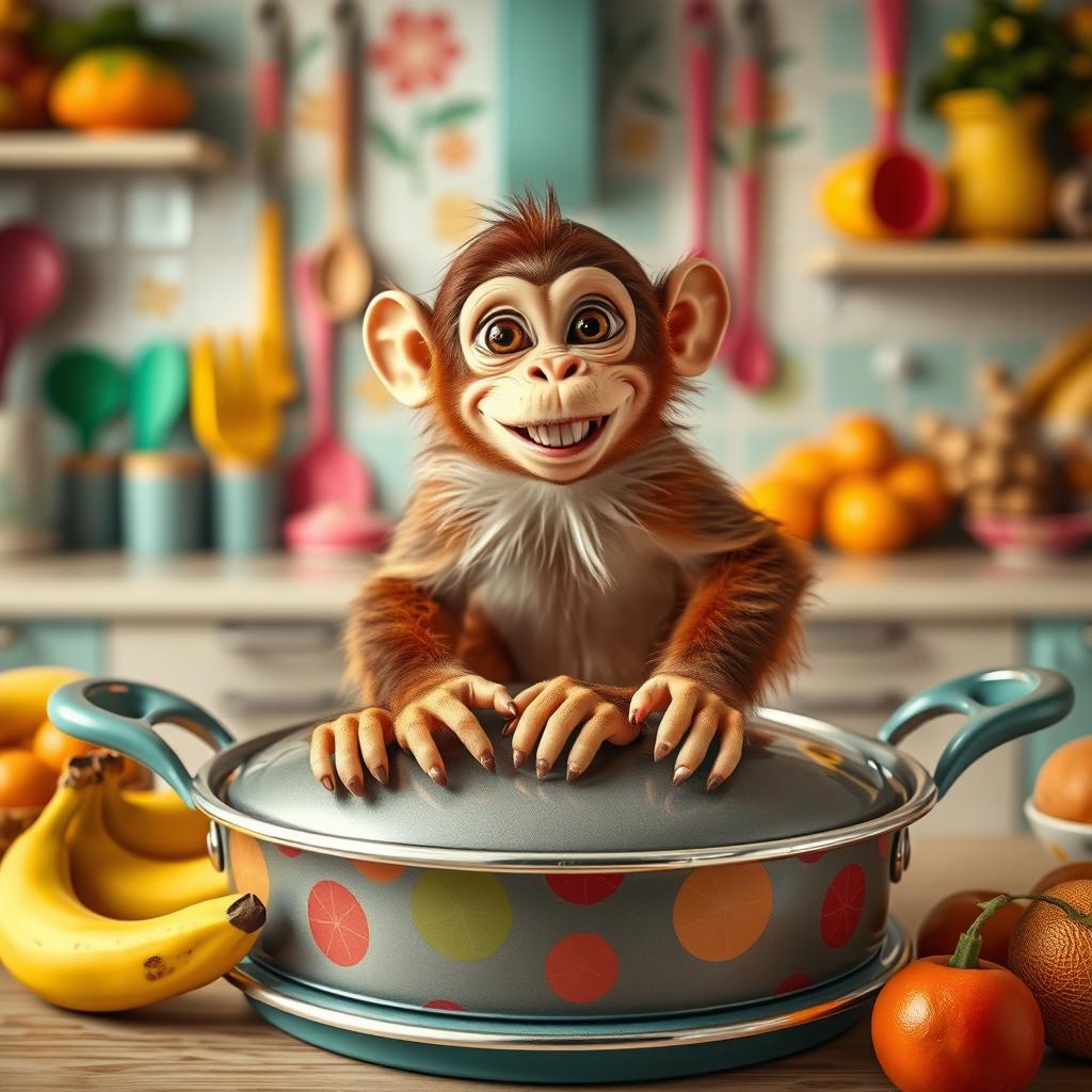 A playful scene featuring a monkey sitting on a large, festive pan lid, surrounded by vibrant kitchen utensils and colorful fruits like bananas and oranges