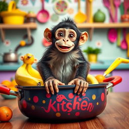 A playful scene featuring a monkey sitting on a large, festive pan lid, surrounded by vibrant kitchen utensils and colorful fruits like bananas and oranges
