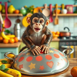 A playful scene featuring a monkey sitting on a large, festive pan lid, surrounded by vibrant kitchen utensils and colorful fruits like bananas and oranges