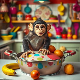 A playful scene featuring a monkey sitting on a large, festive pan lid, surrounded by vibrant kitchen utensils and colorful fruits like bananas and oranges