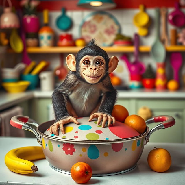 A playful scene featuring a monkey sitting on a large, festive pan lid, surrounded by vibrant kitchen utensils and colorful fruits like bananas and oranges