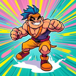 A vibrant and energetic cartoon brawler character, designed as a successful fighter known for their speed