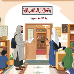 A parent or guardian arriving at a madrasa to submit a request for a leave of absence for their child