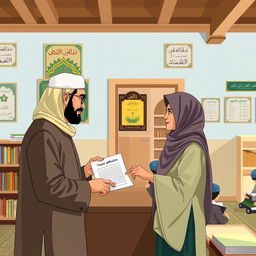 A parent or guardian arriving at a madrasa to submit a request for a leave of absence for their child
