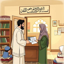 A parent or guardian arriving at a madrasa to submit a request for a leave of absence for their child