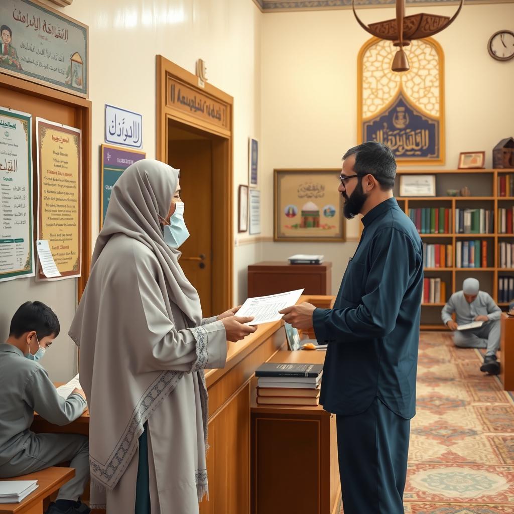 A parent or guardian arriving at a madrasa to submit a request for a leave of absence for their child