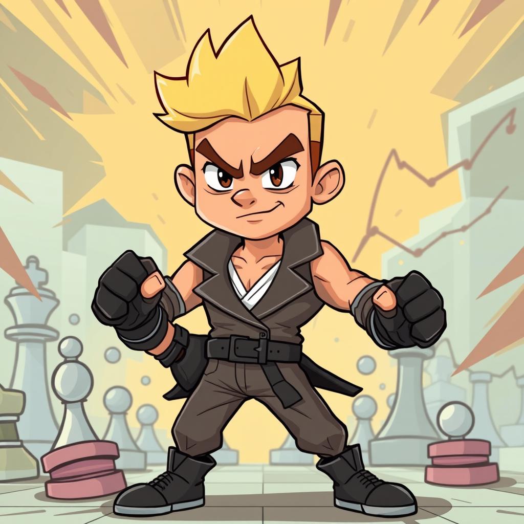 A clever and intelligent cartoon brawler character, designed with a calm demeanor