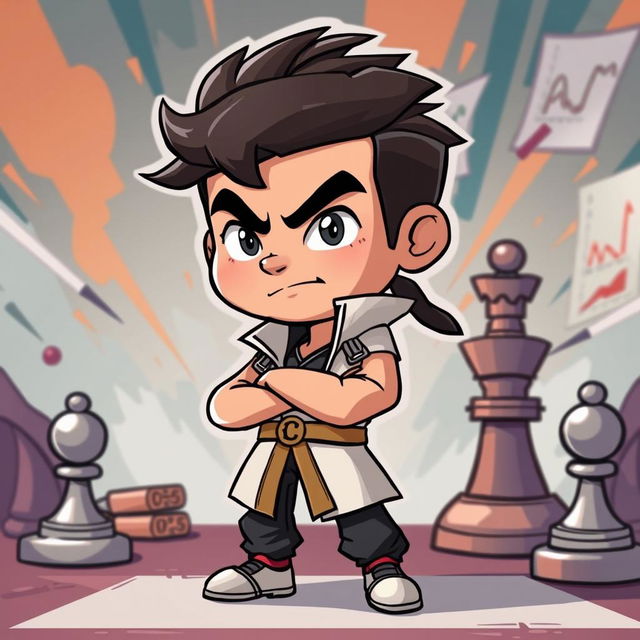 A clever and intelligent cartoon brawler character, designed with a calm demeanor