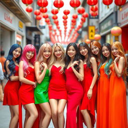 Ten stunning girls, each with a unique hair color: vibrant red, deep blue, soft pink, rich brunette, golden blonde, jet black, bright purple, pastel green, fiery orange, and warm chestnut