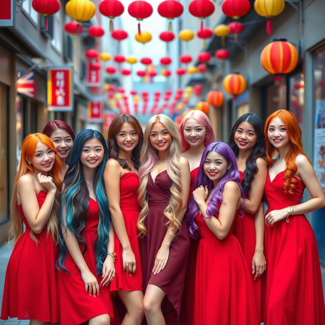 Ten stunning girls, each with a unique hair color: vibrant red, deep blue, soft pink, rich brunette, golden blonde, jet black, bright purple, pastel green, fiery orange, and warm chestnut