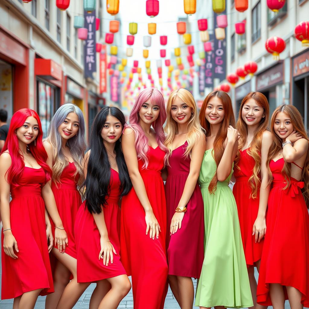 Ten stunning girls, each with a unique hair color: vibrant red, deep blue, soft pink, rich brunette, golden blonde, jet black, bright purple, pastel green, fiery orange, and warm chestnut