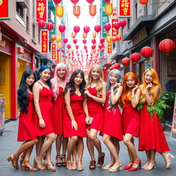 Ten stunning girls, each with a unique hair color: vibrant red, deep blue, soft pink, rich brunette, golden blonde, jet black, bright purple, pastel green, fiery orange, and warm chestnut
