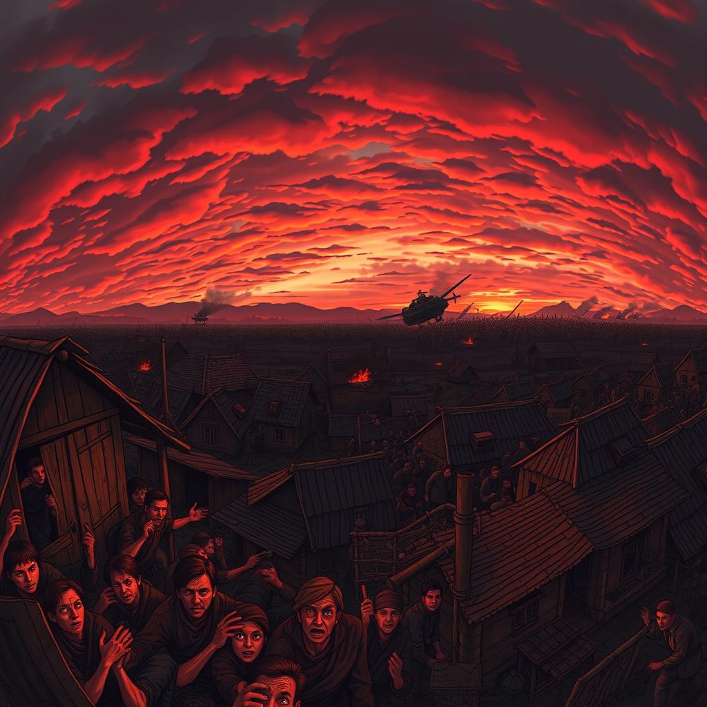 A panoramic view of a chaotic battlefield at dusk, featuring an army engaged in combat against an unseen enemy