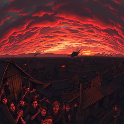 A panoramic view of a chaotic battlefield at dusk, featuring an army engaged in combat against an unseen enemy