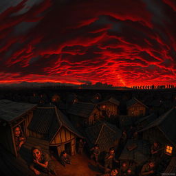 A panoramic view of a chaotic battlefield at dusk, featuring an army engaged in combat against an unseen enemy