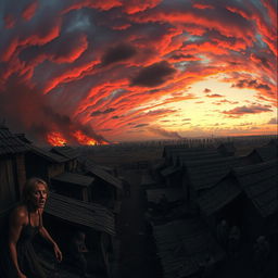 A panoramic view of a chaotic battlefield at dusk, featuring an army engaged in combat against an unseen enemy