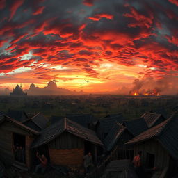 A panoramic view of a chaotic battlefield at dusk, featuring an army engaged in combat against an unseen enemy