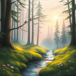 A serene landscape scene depicting a tranquil forest at dawn, with soft, hazy sunlight filtering through the tall trees