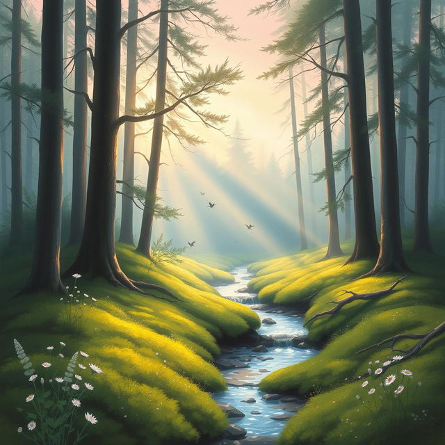 A serene landscape scene depicting a tranquil forest at dawn, with soft, hazy sunlight filtering through the tall trees