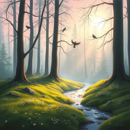 A serene landscape scene depicting a tranquil forest at dawn, with soft, hazy sunlight filtering through the tall trees