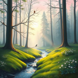 A serene landscape scene depicting a tranquil forest at dawn, with soft, hazy sunlight filtering through the tall trees