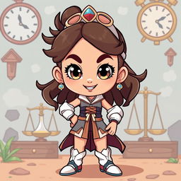 A charming and clever cartoon brawler character, embodying traits of punctuality, fairness, and beauty